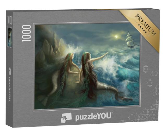 Puzzel 1000 stukjes „Twee zeemeerminnen op de rotsen van een stormachtige oceaan“