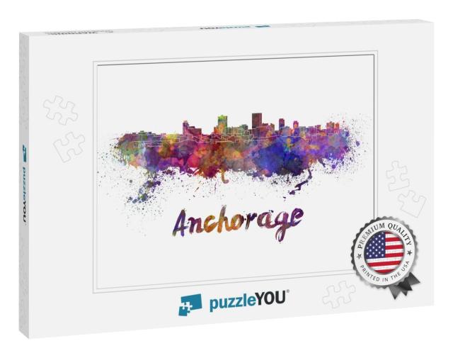 Anchorage Skyline in Watercolor Splatters with Clipping P... Jigsaw Puzzle