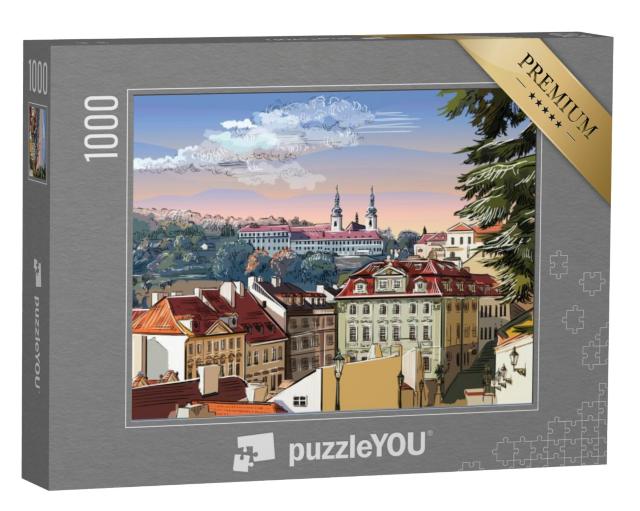 Puzzel 1000 stukjes „Panoramisch stadsgezicht van Praag met vector handtekening, Tsjechië“