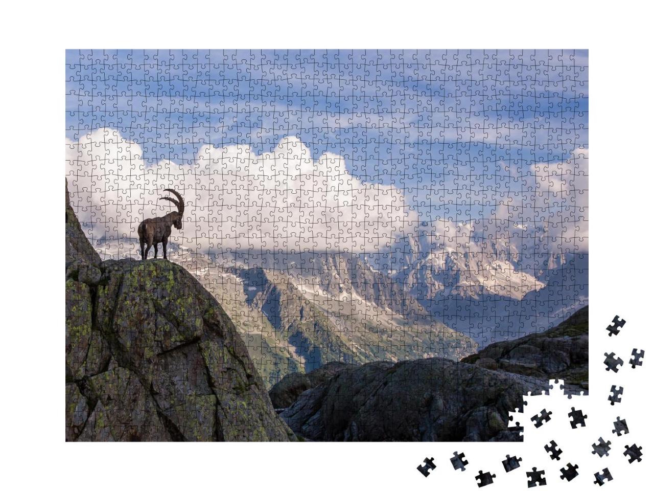 Puzzle 1000 Teile „Wilde Steinböcke vor der ikonischen Mont-Blanc-Bergkette an einem Sommertag“