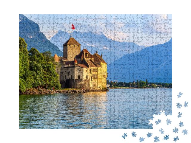 Puzzle 1000 Teile „Sonnenuntergang über Schloss Chillon am Genfer See“