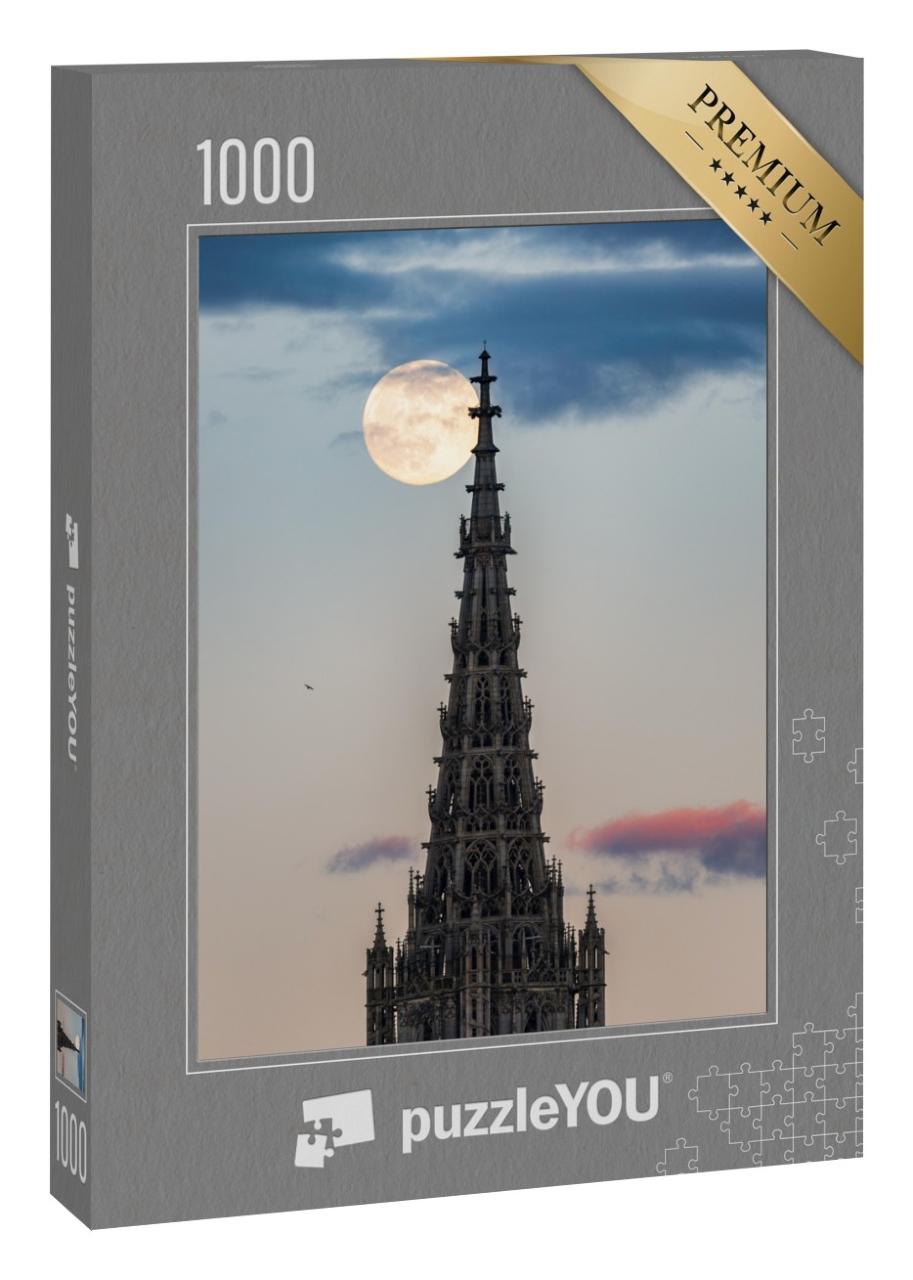 Puzzle 1000 Teile „Spitze des Ulmer Münsters mit Vollmond, Baden-Württemberg, Deutschland“