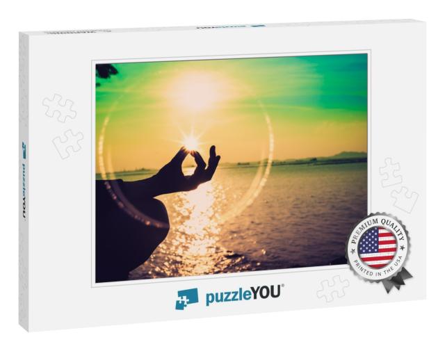 Silhouette, a Hand of Woman Meditating in a Yoga Pose or... Jigsaw Puzzle