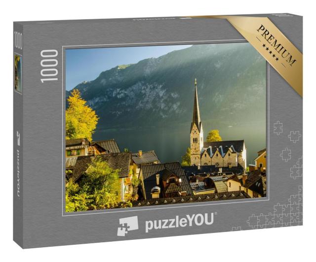 Puzzle 1000 Teile „Sonnenuntergang mit prächtigem Himmel: Blick auf Hallstatt, Österreich“