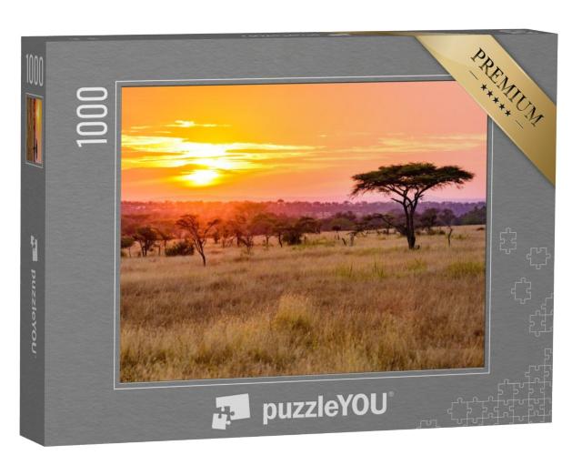 Puzzel 1000 stukjes „Zonsondergang in de Afrikaanse savanne met acaciabomen, Tanzania“