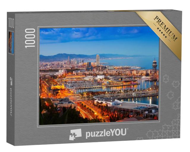 Puzzel 1000 stukjes „Panorama van Barcelona met haven bij nacht, Spanje“