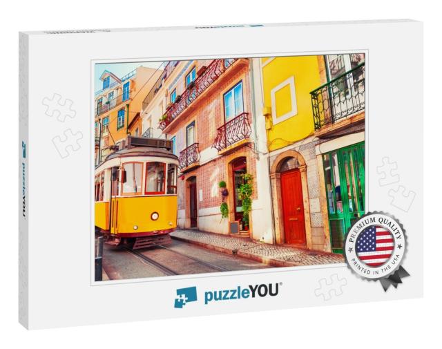 Yellow Vintage Tram on the Street in Lisbon, Portugal. Fa... Jigsaw Puzzle