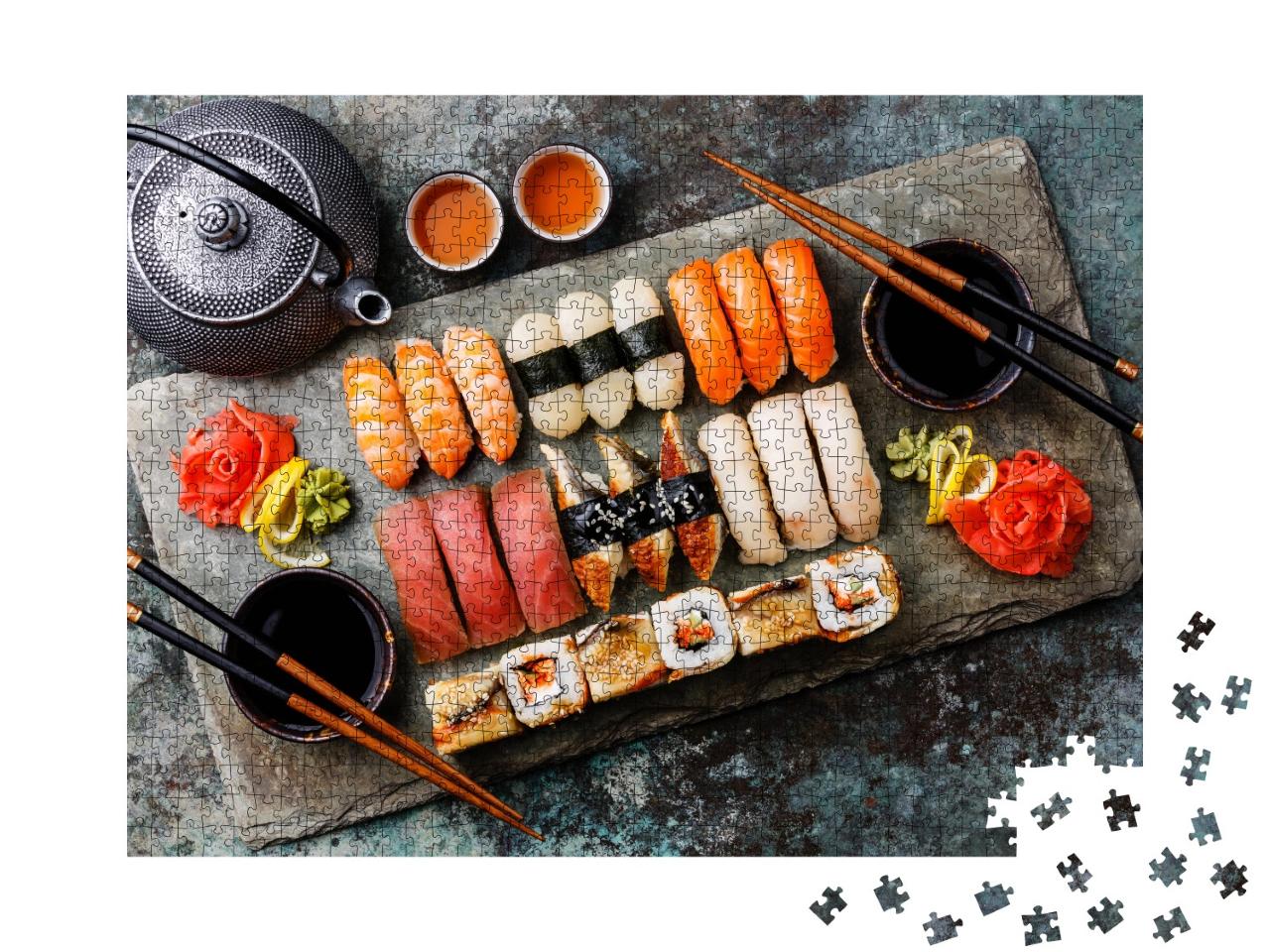Puzzle 1000 Teile „Sushi-Set Nigiri und Sushi-Rollen mit Tee “