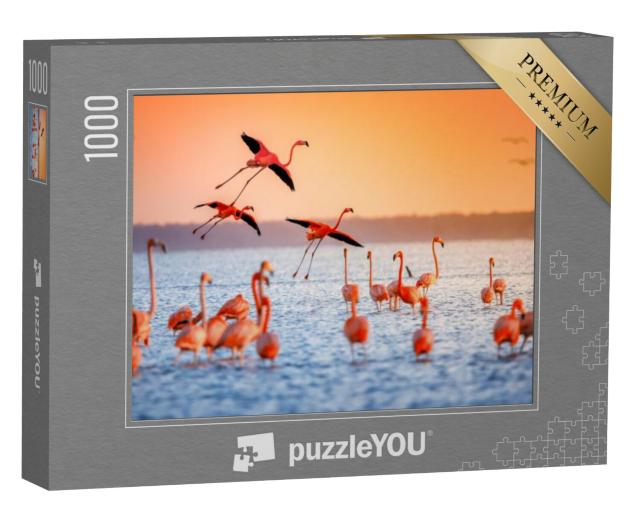 Puzzel 1000 stukjes „Roze flamingo's in de zonsondergang“