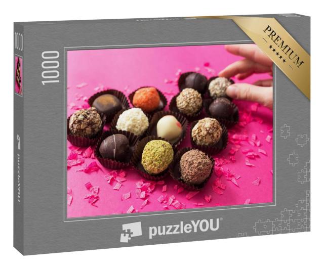 Puzzle 1000 Teile „Romantik am Valentinstag: Ein Herz aus Schokoladenpralinen“