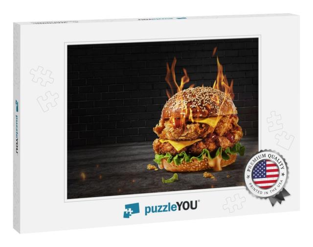 Delicious Spicy Fried Chicken Burger Ads with Burning Fir... Jigsaw Puzzle
