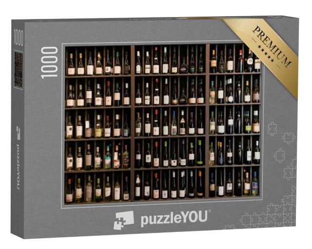 Puzzel 1000 stukjes „Een plank vol goed gevulde wijnflessen“