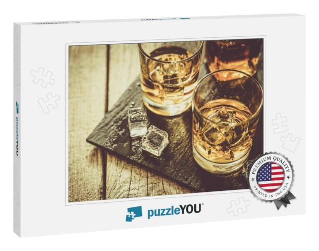Whiskey with Ice in Glasses, Rustic Wood Background, Copy... Jigsaw Puzzle