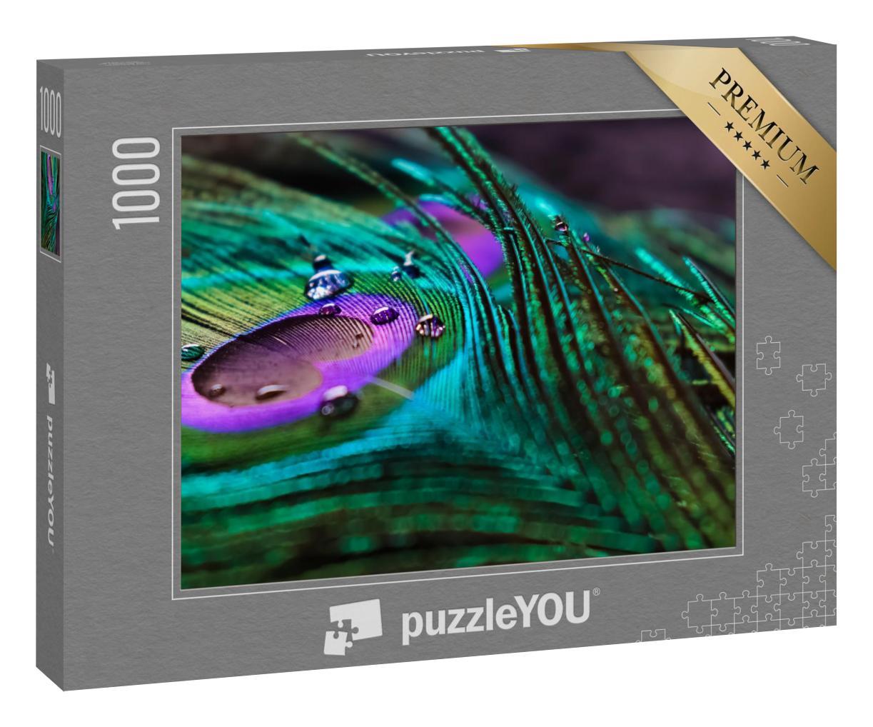 Puzzle 1000 Teile „HD-Aufnahme einer bunten indischen Pfauenfeder“