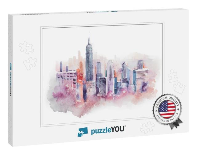 Watercolor Drawing Cityscape Big City Downtown, Aquarelle... Jigsaw Puzzle
