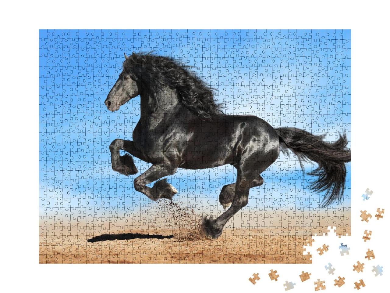 Puzzle 1000 Teile „Schwarzes Friesenpferd im kraftvollen Galopp“