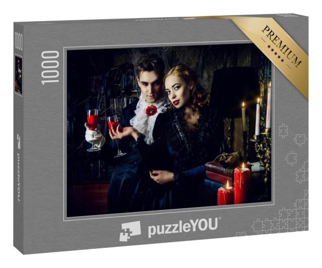 Puzzle 1000 Teile „Schöne Vampire, Mann und Frau mit mittelalterlicher Kleidung, Halloween“