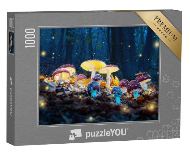 Puzzel 1000 stukjes „Mystieke paddenstoelen gloeien in het donkere bos“