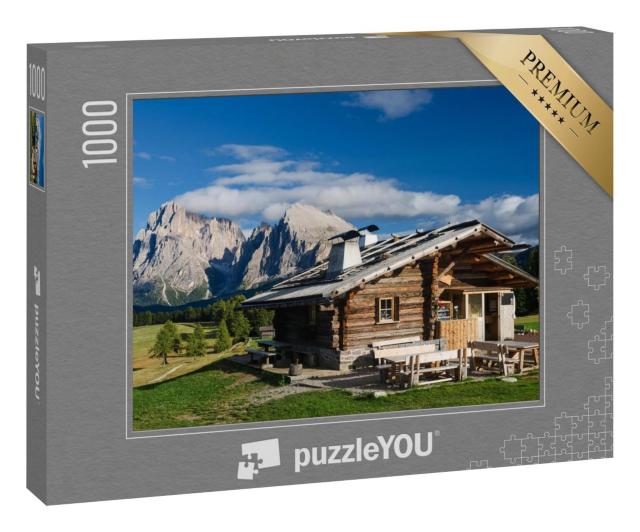 Puzzle 1000 Teile „Hütte auf der Seiser Alm mit Plattkofel und Langkofel, Südtirol“