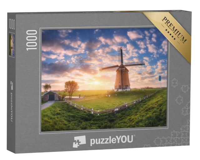 Puzzel 1000 stukjes „Windmolen in een rustiek panoramisch landschap“