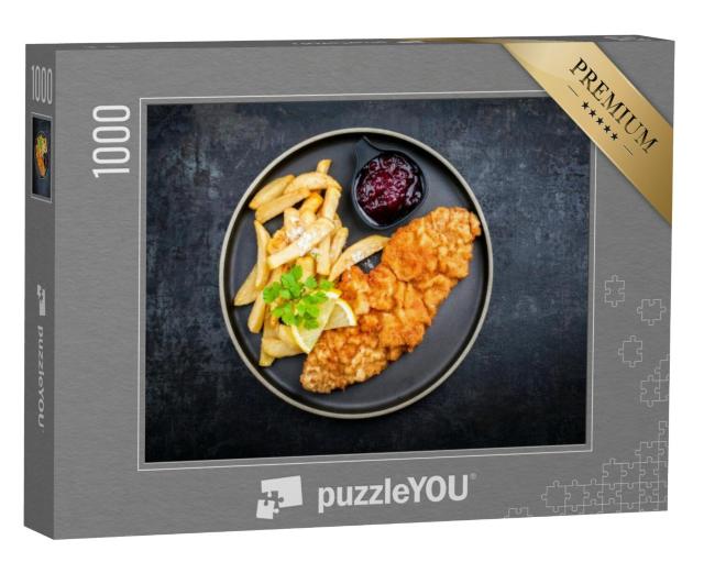 Puzzel 1000 stukjes „Wiener schnitzel met friet en cranberrysaus“