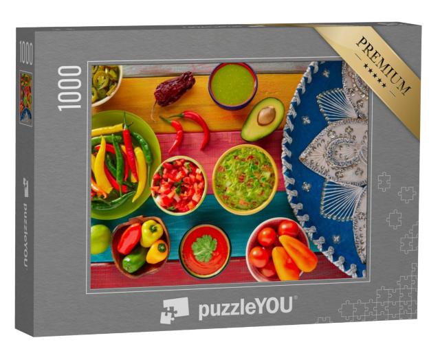 Puzzel 1000 stukjes „Mexicaanse recepten: Guacamole nacho's, chilisaus en pico de gallo“