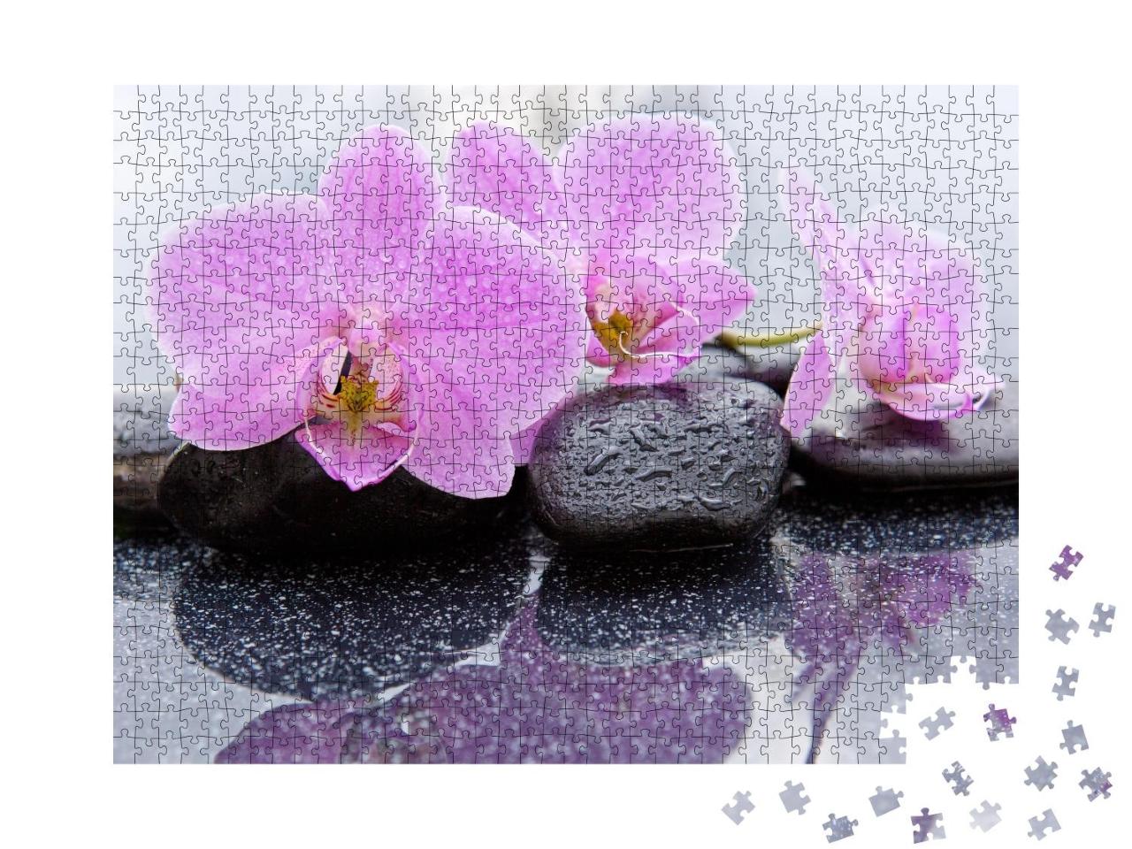 Puzzle 1000 Teile „Zartrosa Orchideenblüten auf nassen Kieselsteinen“