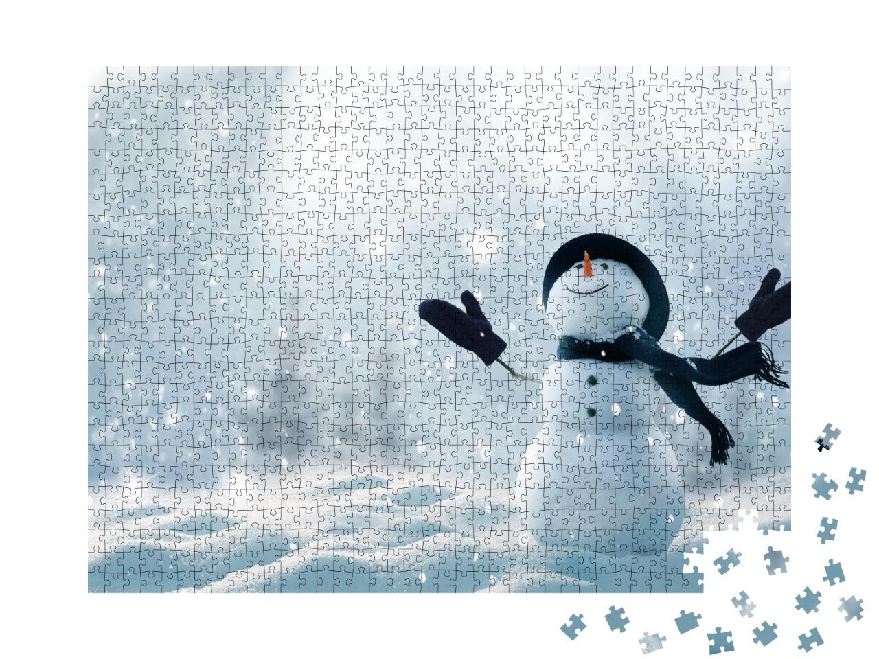 Puzzle 1000 Teile „Fröhlicher Scheemann im glänzenden Schnee“