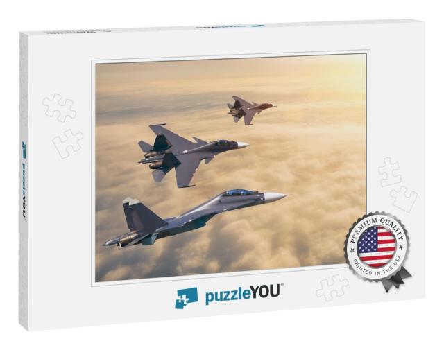 Group of Three Aircraft Fighter Jet Airplane Sun Glow Fly... Jigsaw Puzzle
