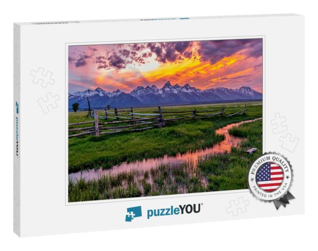 Golden Fiery Sunset At Grand Teton - a Colorful Spring Su... Jigsaw Puzzle
