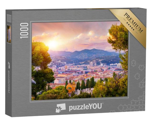 Puzzel 1000 stukjes „Luchtfoto van Nice, Cote d'Azur bij zonsondergang, Frankrijk“