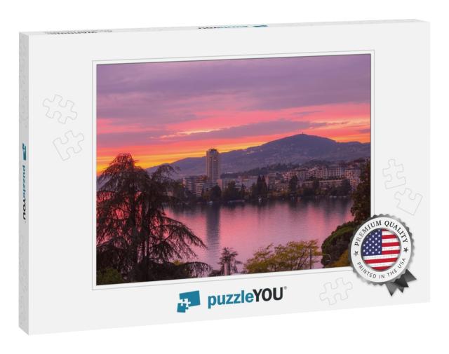 Panoramic Colorful Sunset View of Montreux Promenade & La... Jigsaw Puzzle