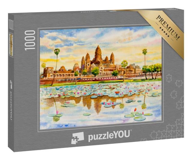 Puzzle 1000 Teile „Aquarellmalerei: Angkor Wat, Kambodscha“