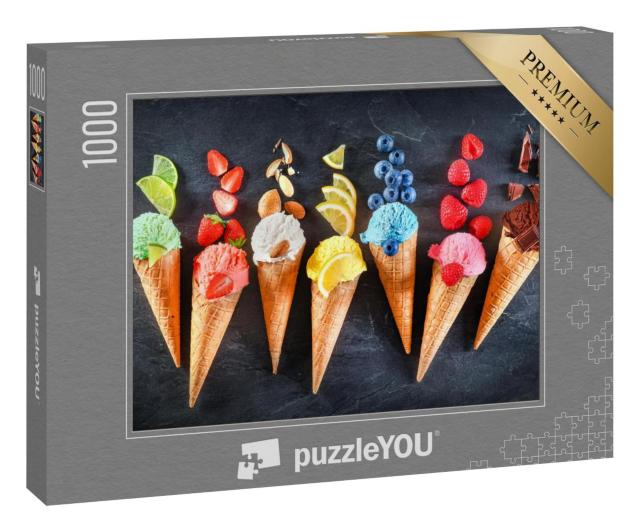 Puzzle 1000 Teile „Süße Eiscreme wie Schokolade, Zitrone, Limette, Mandel, Erdbeeren, Vanille“