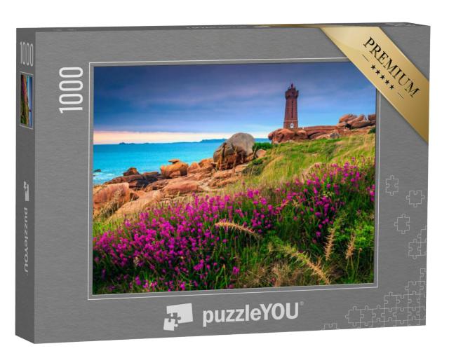 Puzzel 1000 stukjes „Vuurtoren en bloemen bij zonsondergang, Bretagne, Frankrijk“