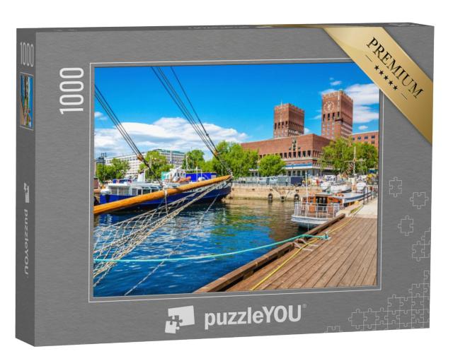 Puzzel 1000 stukjes „Stadhuis Oslo, uitzicht vanuit de haven, Oslo Fjord, Noorwegen“