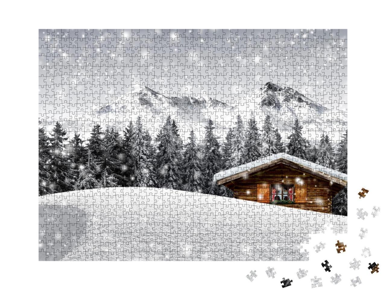 Puzzle 1000 Teile „Gemütliche Holzhütte in den verschneiten Bergen“