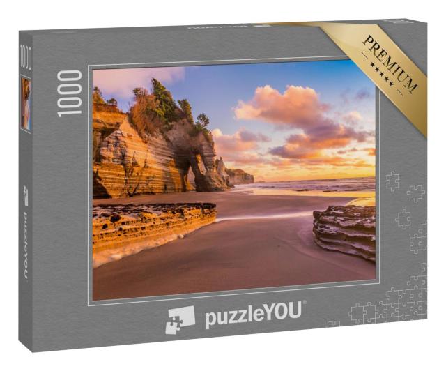 Puzzle 100 Teile „Sonnenuntergang an einem felsigen Strand im Taranaki-Distrikt, Neuseeland“