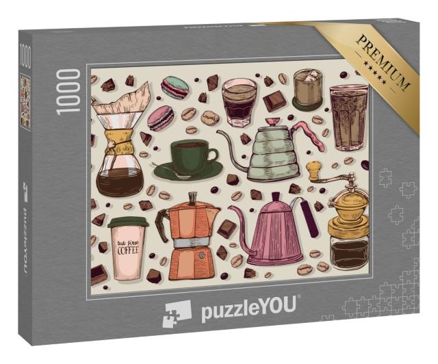Puzzle 1000 Teile „Vektor-Grafik im Vintagestil: Kaffeekannen und mehr“