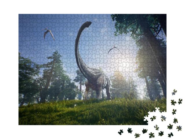Puzzle 1000 Teile „Riesiger Diplodocus, darüber zwei fliegende Pteranodons“