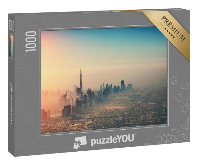 Puzzle 1000 Teile „Luftaufnahme der Stadt Dubai; Panorama bei Sonnenuntergang“