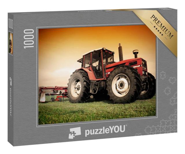 Puzzle 1000 Teile „Alter roter Traktor auf der Wiese, Mäharbeiten“