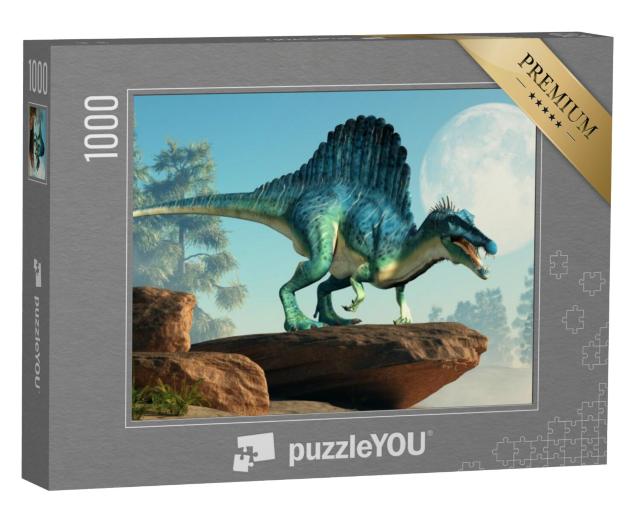 Puzzel 1000 stukjes „3D-illustratie: een spinosaurus op een klif bij maanlicht“