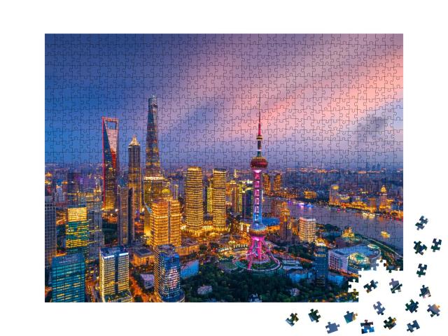 Puzzle 1000 Teile „Luftaufnahme der Skyline von Shanghai bei Nacht, China“