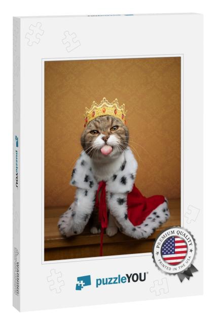 Funny Naughty Cat Wearing King Costume & Crown L... Jigsaw Puzzle
