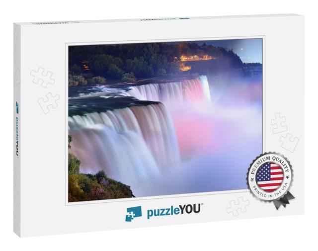 Niagara Falls Lit At Night by Colorful Lights... Jigsaw Puzzle