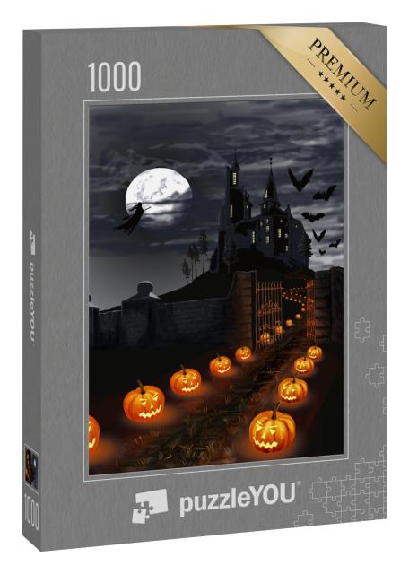 Puzzle 1000 Teile „Illustration: Halloween-Kürbisse säumen den Weg zum dunklen Schloss“