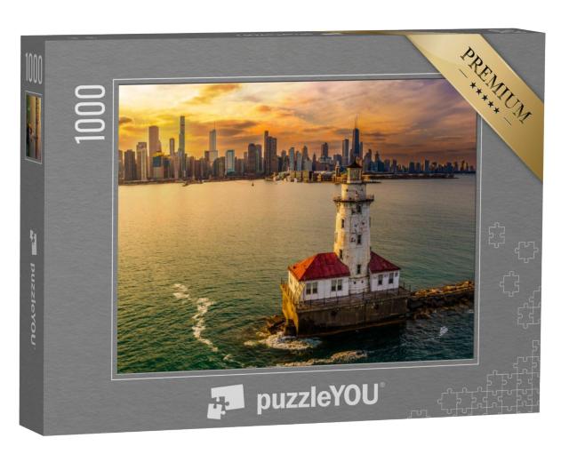 Puzzel 1000 stukjes „Chicago haven en vuurtoren bij zonsondergang“