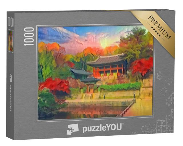 Puzzel 1000 stukjes „in de kunststijl van Franz Marc - Herfst in het Changdeokgung Paleis in Seoul, Zuid-Korea“