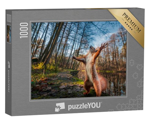 Puzzel 1000 stukjes „Grappige rode eekhoorn poseert in het bos“